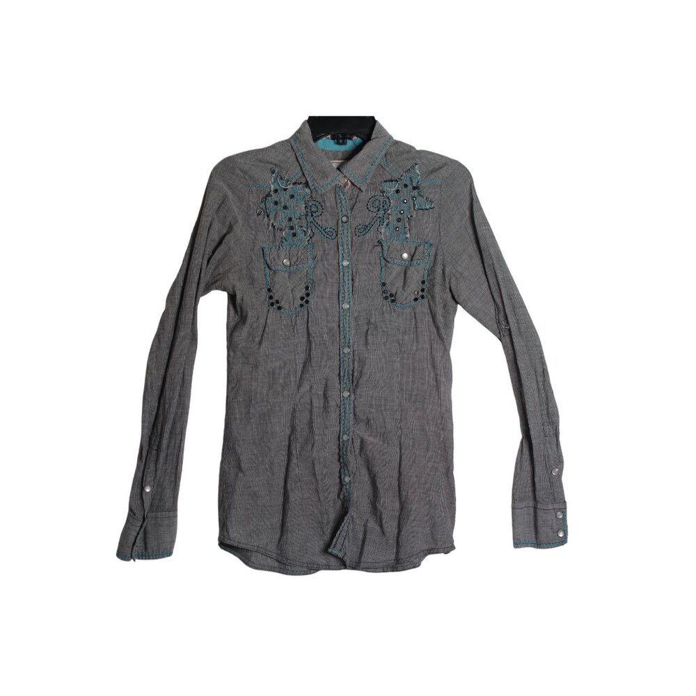 Roar L/S Grey Pearl Snap Phoenix Embroidered Shirt Ladies Medium